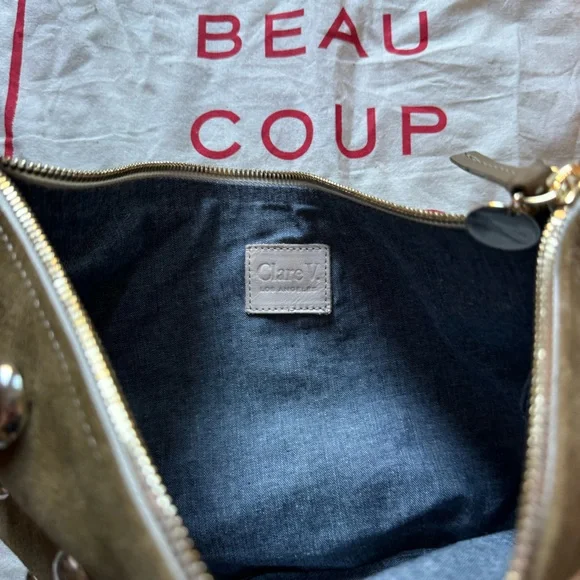 CLARE V Vivier Lune Shoulder Bag Oat Suede with Studs Studded Handbag - Picture 3 of 4